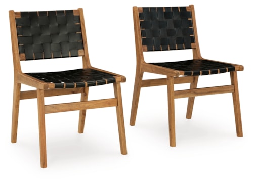 Dining Chair with Solid Wood Frame and Woven Black Leather Straps