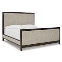 Contemporary California King Upholstered Bed with Dark Oak Trim