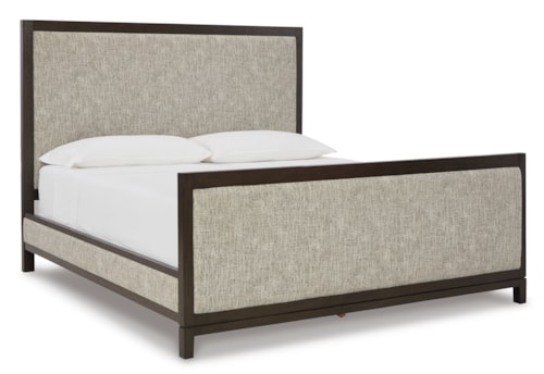 Contemporary California King Upholstered Bed with Dark Oak Trim