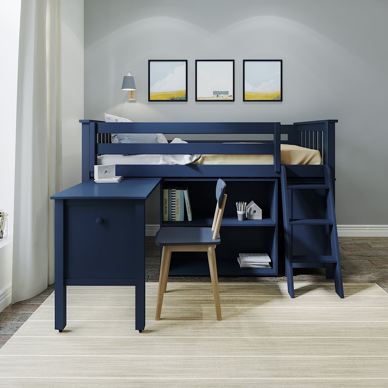 Jackpot Kids Loft Beds Twin Low Loft Bed Set w/Pull Desk in Blue