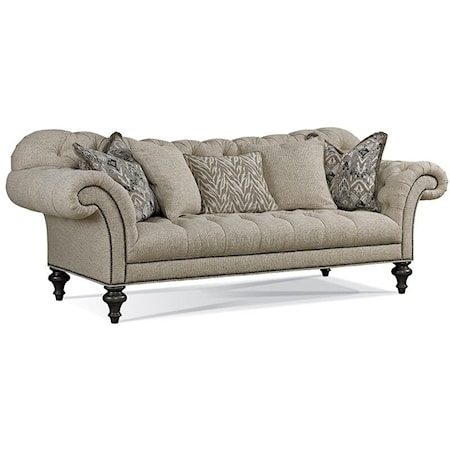 Traditional Tufted Sofa with Nailhead Trim and Turned Wood Legs