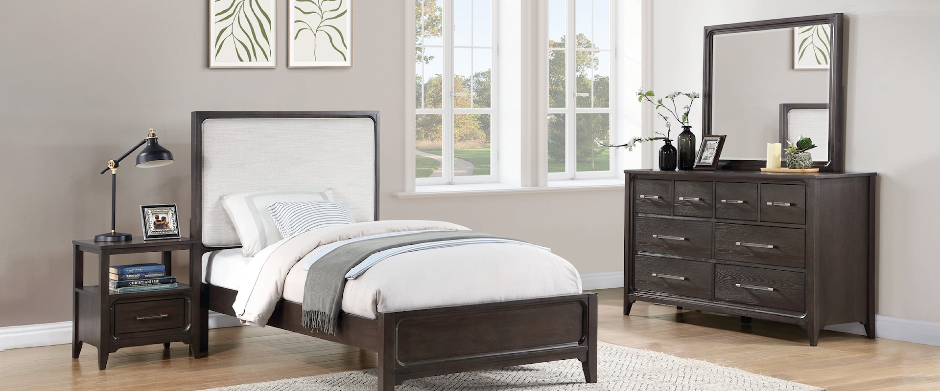 Contemporary Bedroom Set with Nightstand with Dresser/Mirror