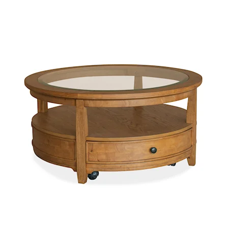 Transitional 2-Drawer Round Cocktail Table with Glass inlay Table Top