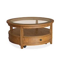 Transitional 2-Drawer Round Cocktail Table with Glass inlay Table Top