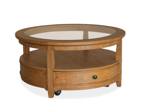Transitional 2-Drawer Round Cocktail Table with Glass inlay Table Top