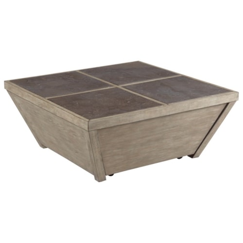 Transitional Square Coffee Table with Stone Inset Top and 1 Drawer