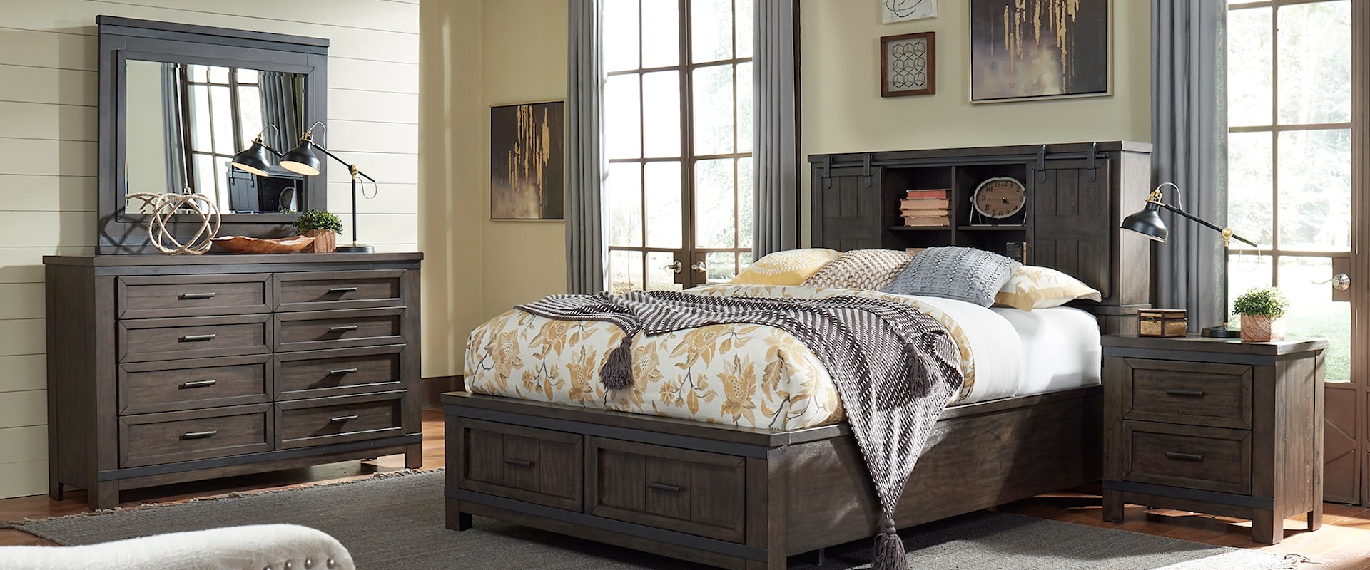 Transitional 4-Piece Queen Bookcase Bed with Foot Board Storage Set
