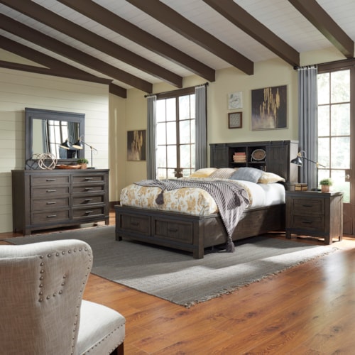Transitional 4-Piece Queen Bookcase Bed with Foot Board Storage Set