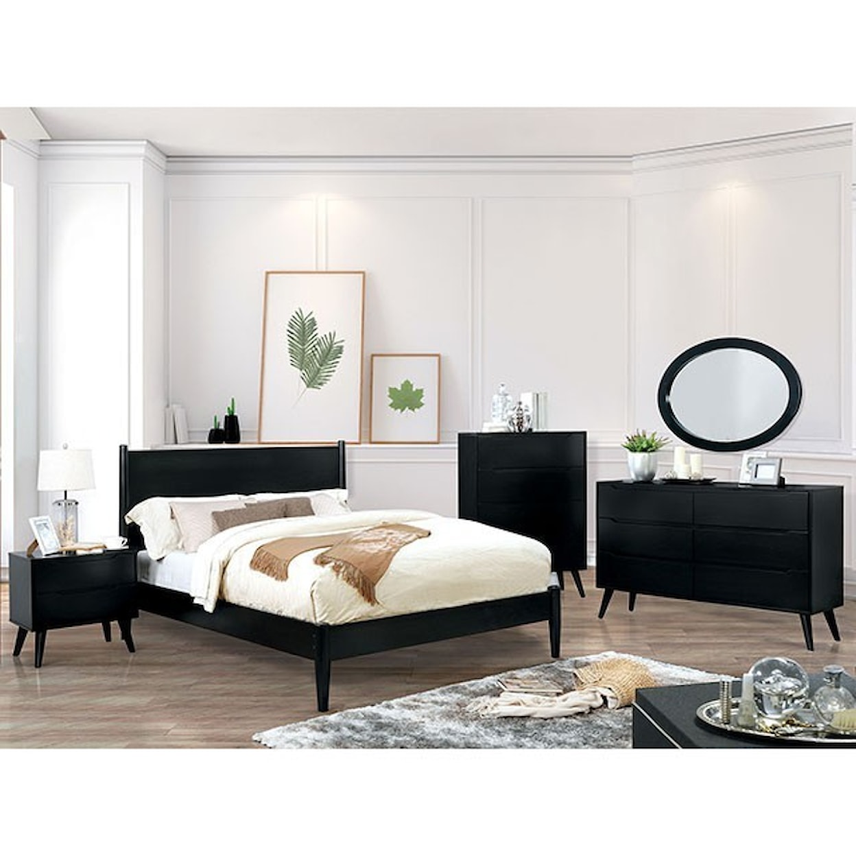 Furniture of America Lennart Queen Bed and 2NS and Dresser & Oval Mirror