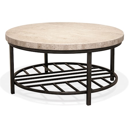Contemporary Round Cocktail Table with Stone Table Top and Open Shelf
