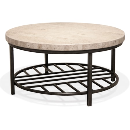 Faux Marble Round Coffee Table With Glass Storage Shelf - Modern White Cocktail Table For Living Room