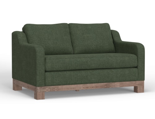 Contemporary Loveseat with Bench Cushion and Exposed Wooden Base