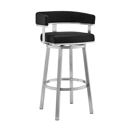 30" Black Faux Leather and Brushed Stainless Steel Swivel Bar Stool