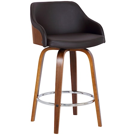 Mid-Century Modern 30" Bar Height Swivel Barstool in Walnut Wood Finish with Brown Faux Leather