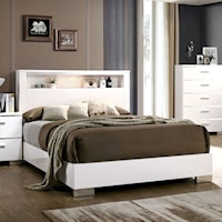 Contemporary California King Panel Bed with Headboard Storage and Chrome Accents