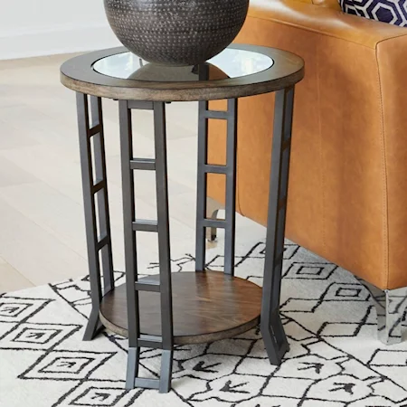 Industrial Round Glass-Top End Table with Bronze Metal Legs