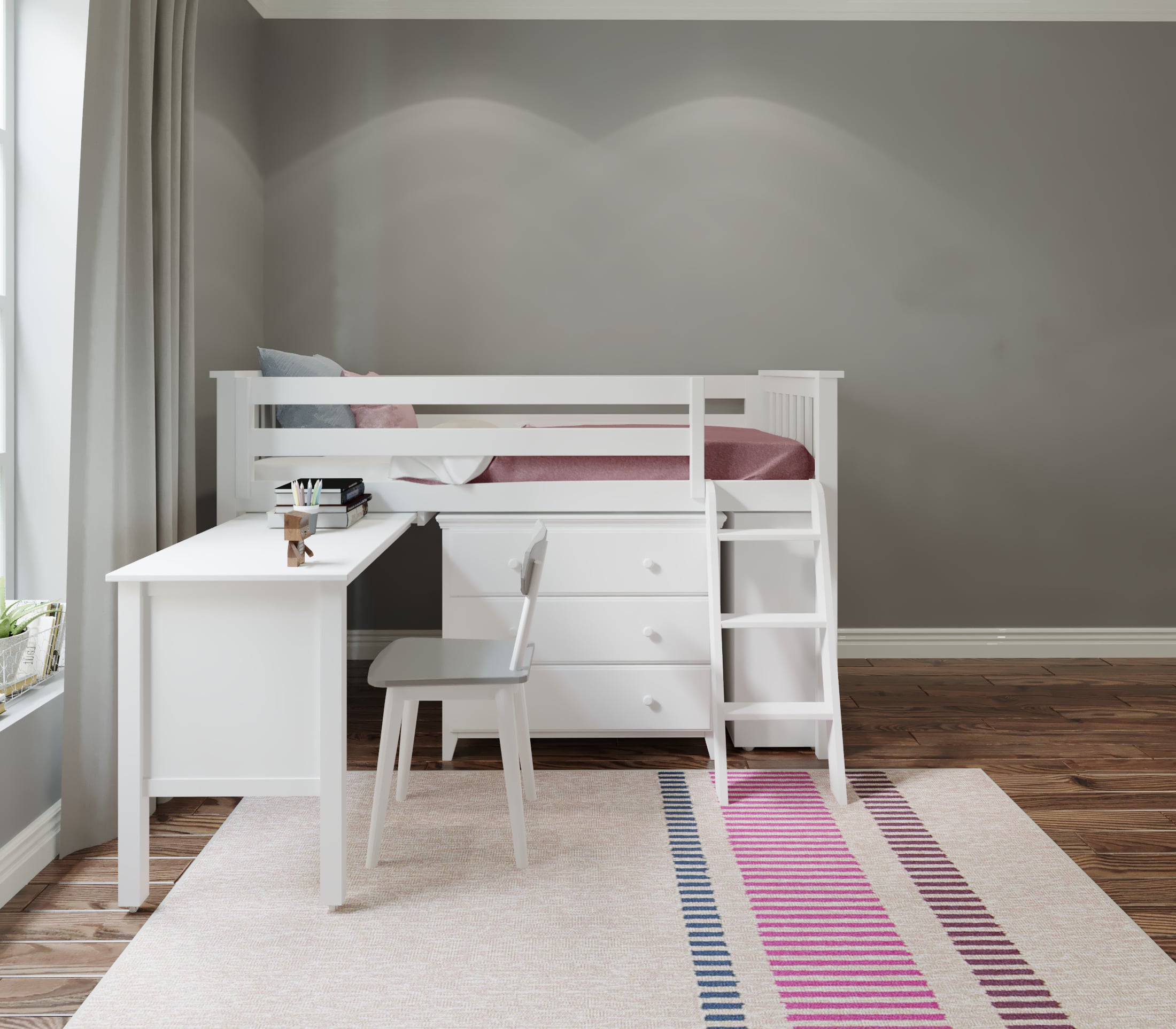 Jackpot Kids Loft Beds Twin Low Loft Bed w/Pull Desk in White