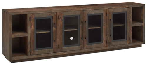 Transitional Console Table with Open Shelving and Glass Doors