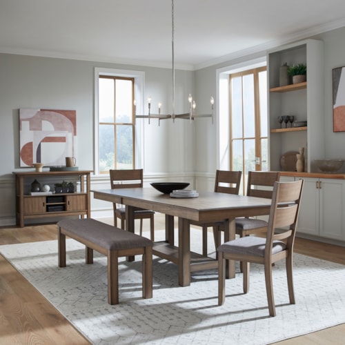 Transitional 6-Piece Trestle Table Dining Set with Slat Back Chairs and Bench