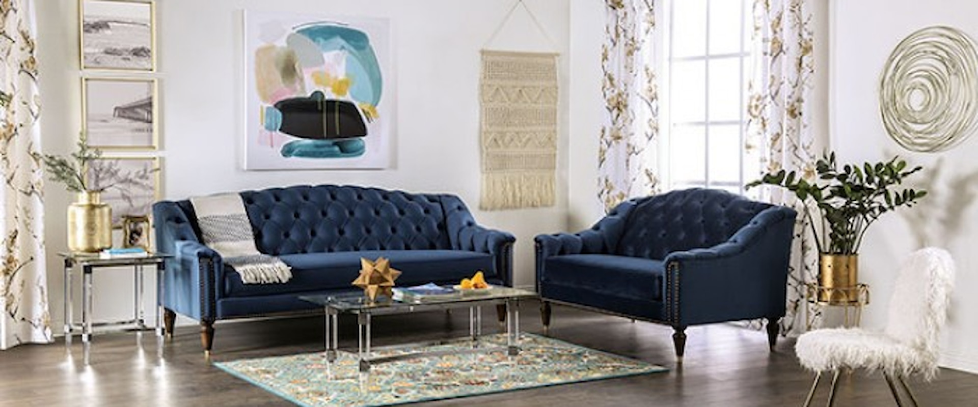 Transitional Sofa and Loveseat with Button Tufted Back
