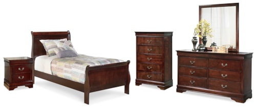 5pc Twin Sleigh Bed, Dresser, Mirror, Nightstand and Chest