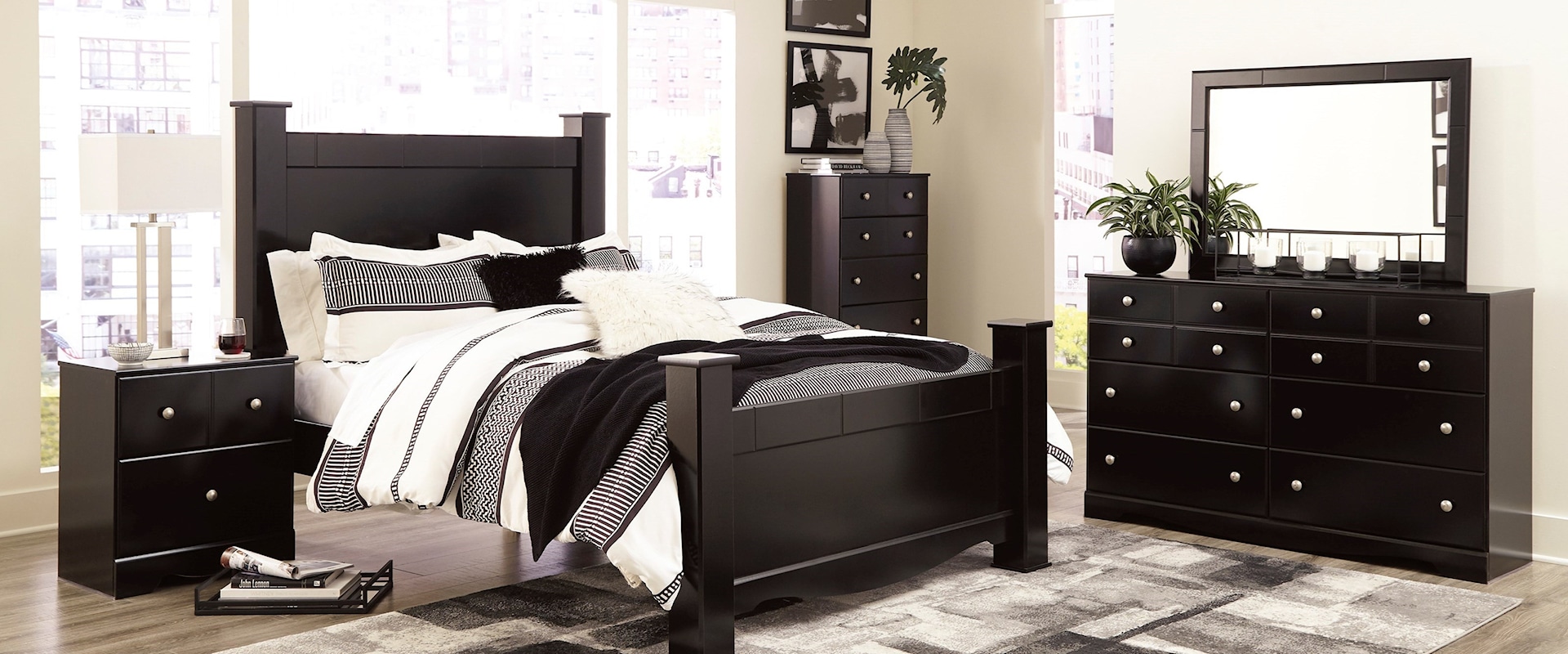 Queen Poster Bed with Mirrored Dresser, Chest and Nightstand