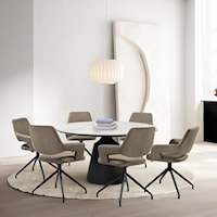 Contemporary 7 Piece Dining Set with Stone Top and Brown Fabric Chairs