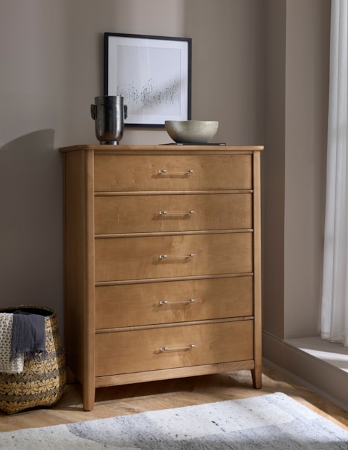 Transitional 5-Drawer Bedroom Chest with Brass Pulls