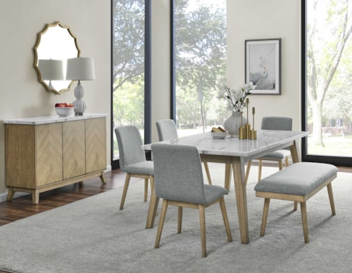Vida 6-Piece Dining Set with Marble Top Dining Table and Dining Side Chairs and Bench