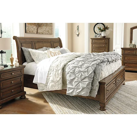 Queen Sleigh Storage Bed in Burnished Brown Finish
