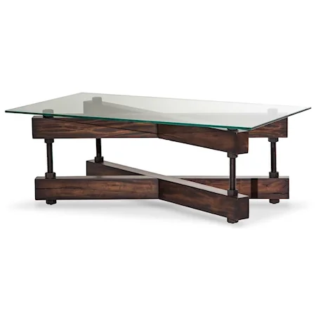 Industrial Rectangular Cocktail Table with Glass Top