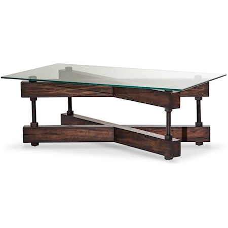 Industrial Rectangular Cocktail Table with Glass Top