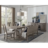 Transitional 6-Piece Dining Set with Trestle Table and High Back Bench