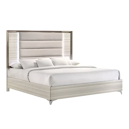 King Bed with Upholstered Headboard and LED