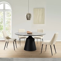 Contemporary 5 Piece Dining Set with Stone Top and Beige Faux Leather Chairs