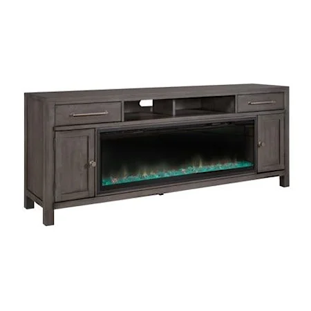 Rustic 78 Inch Console with Built In Firebox and Wire Management Features
