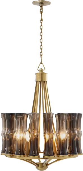 Contemporary 8-Light Brass Chandelier with Smoked Glass Shade