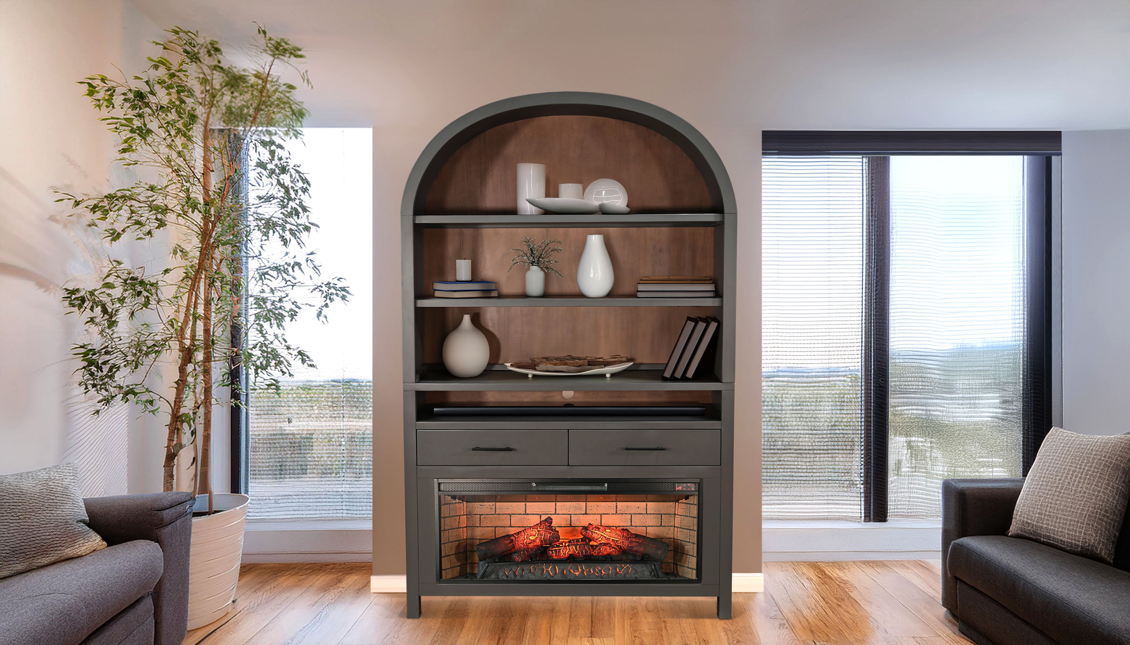 Mock up poster in modern home interior with fireplace