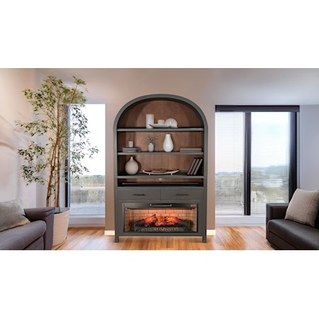 Wide Arch Bookcase with Log Fire Insert