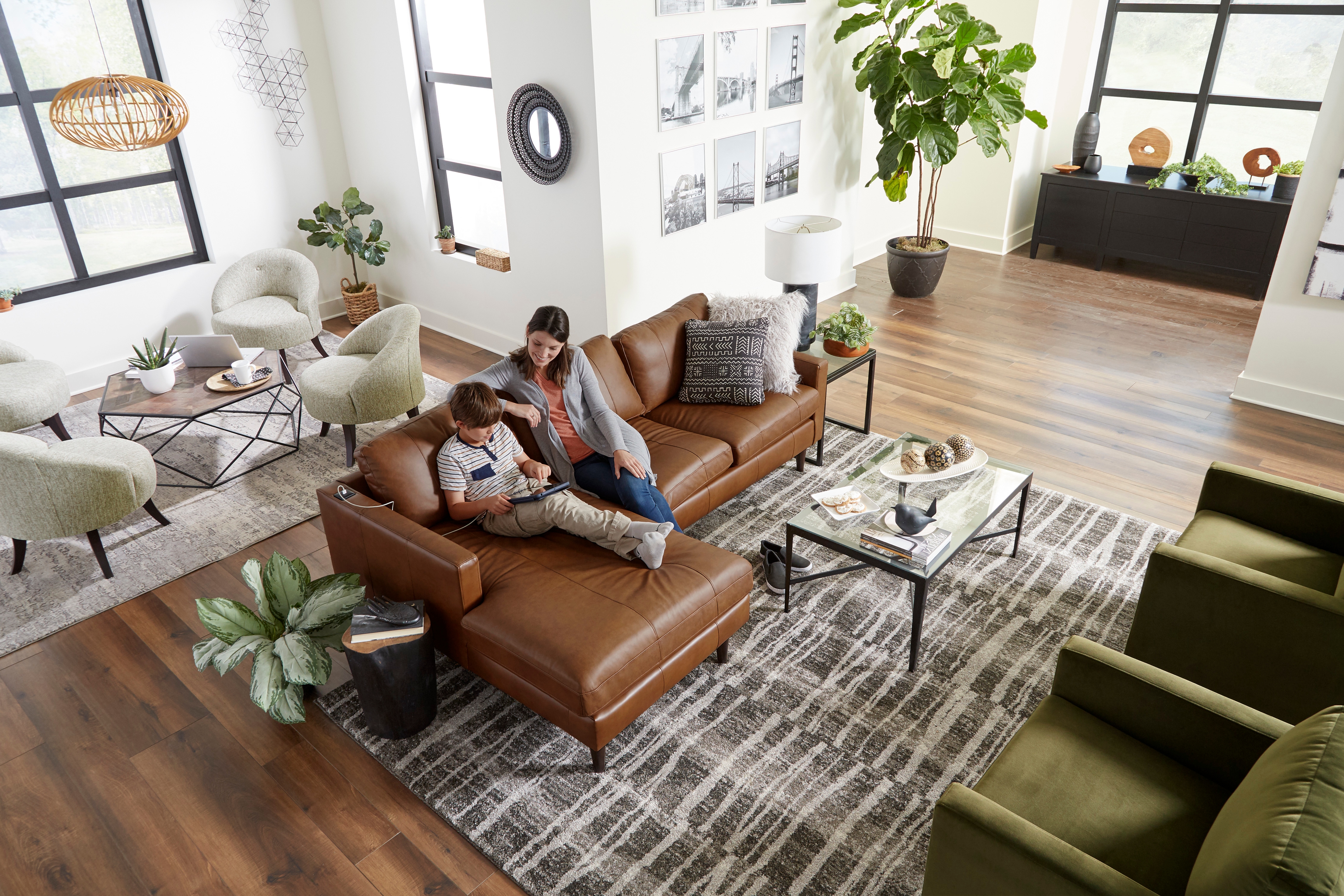 Best Home Furnishings Trafton Leather Chaise Sofa w/ USB Port & Wood Feet