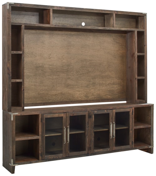 Transitional Entertainment Console and Hutch with Open Shelving and Glass Doors