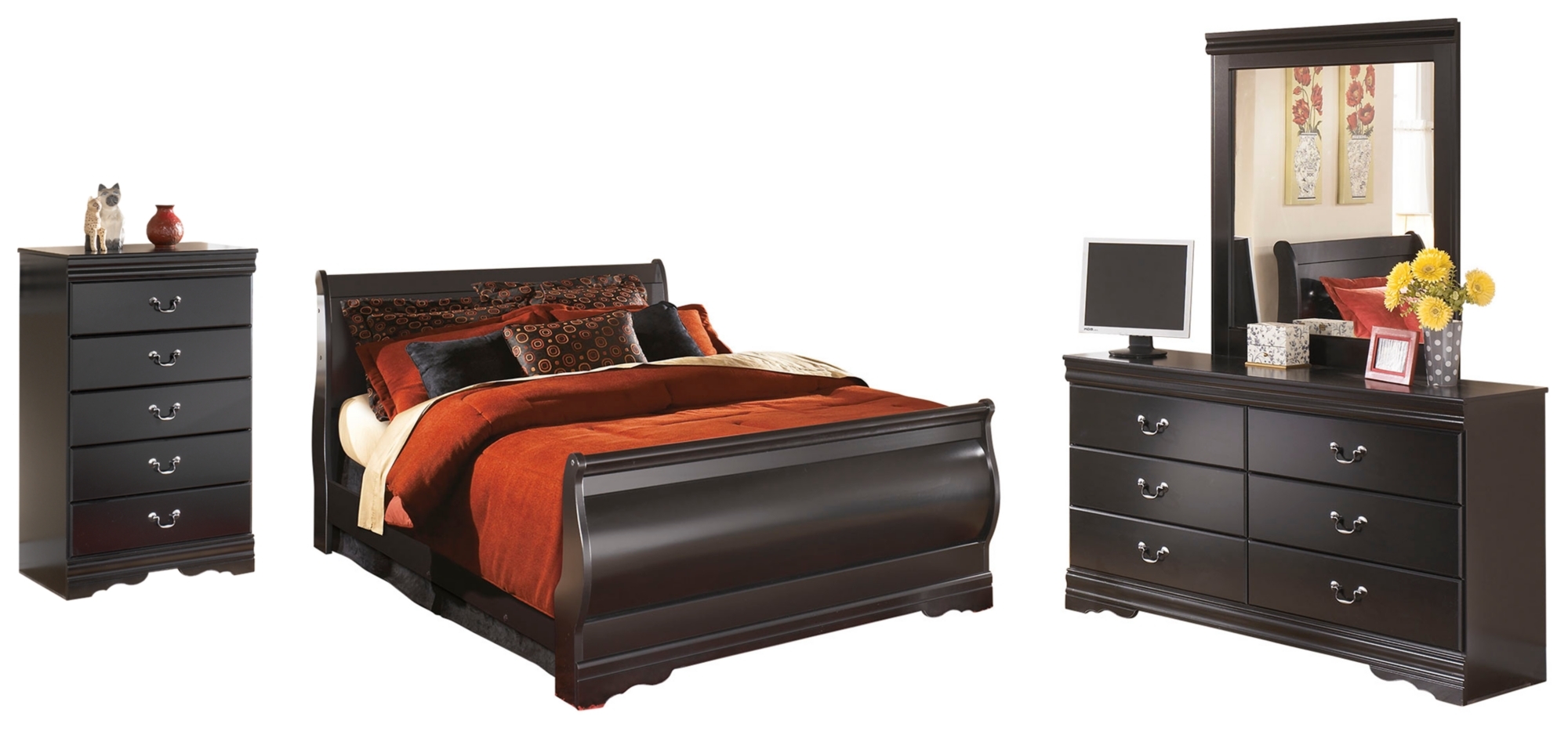 Queen Sleigh Bed With Dresser, Mirror And Chest Of Drawers