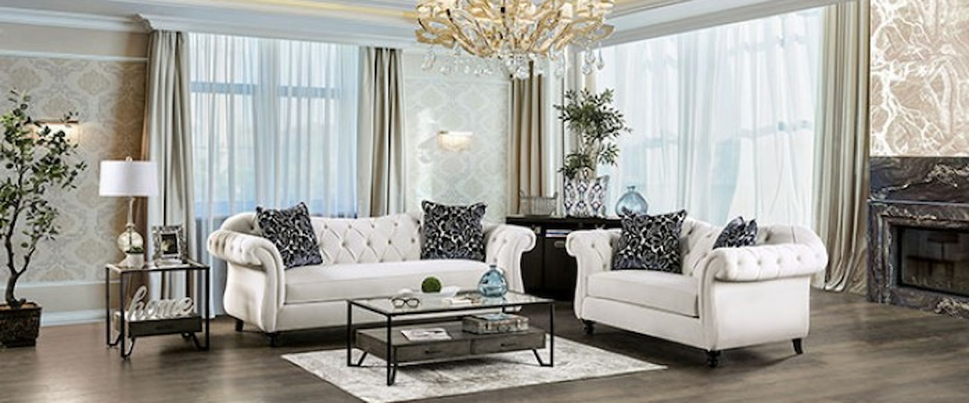 Transitional Sofa and Loveseat Set with Flare Tapered Arms