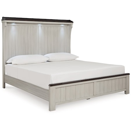 Farmhouse Two-Tone King Panel Bed with Headboard & LED Lighting