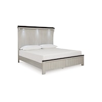Farmhouse Two-Tone Queen Panel Bed with Headboard Shelf & LED Lighting