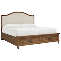 Transitional California King Arched Panel Bed with Upholstered Headboard and Storage Footboard