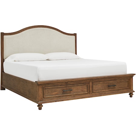 Transitional California King Arched Panel Bed with Upholstered Headboard and Storage Footboard