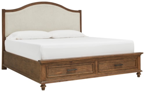 Transitional Queen Arched Panel Bed with Upholstered Headboard and Storage Footboard