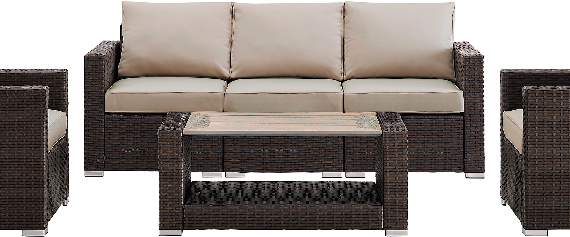 Transitional Woven Upholstered 4 Piece Outdoor Entertaining Set in Rustic Brown / Beige