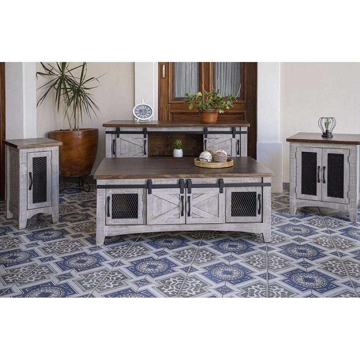 International Furniture Direct Pueblo Sofa Table with 4 Doors